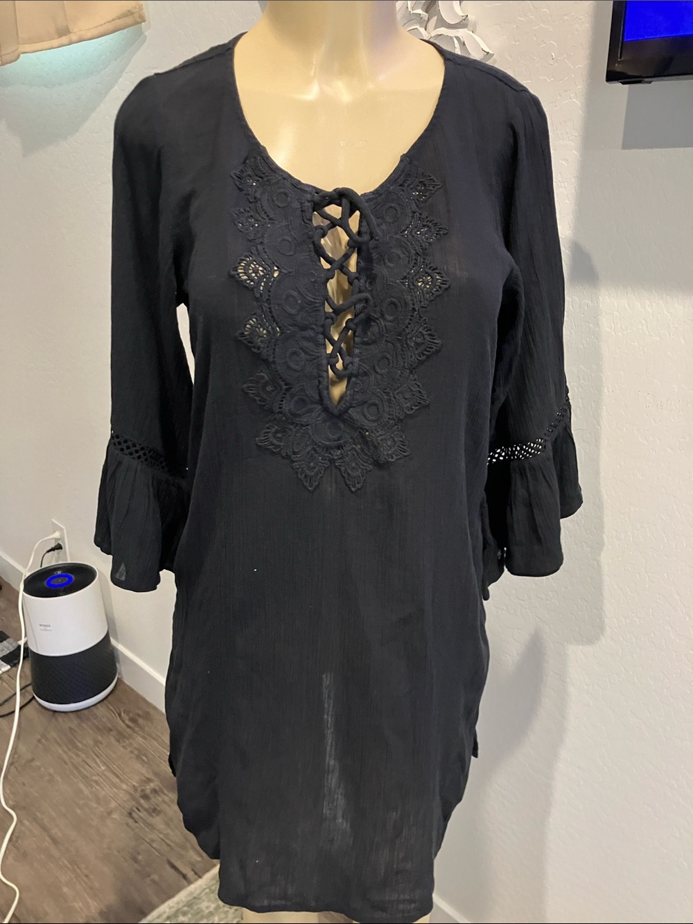 O'Neill Black Lace-Up Crochet Swim Coverup Tunic